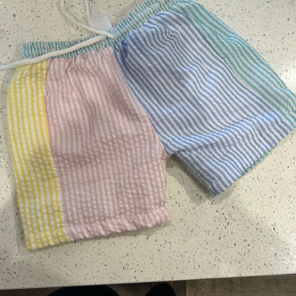 Colorful Striped Kids Swim Trunks with R monogram